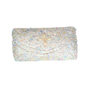Stunning Vintage Handmade Beaded Clutch in White & Multicolor Reflective Sequins